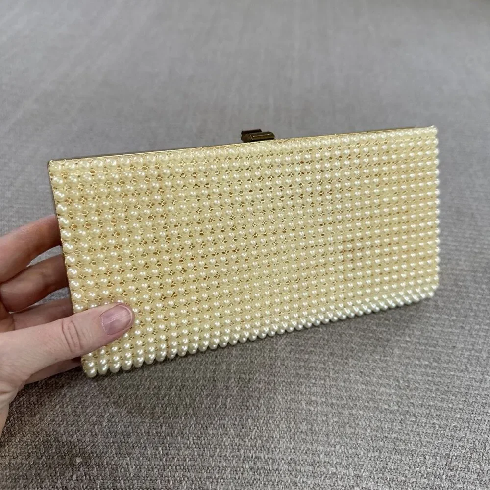Vintage Faux Pearl Clutch Purse Gold Tone Frame Bag Mid Century MCM Glam Classy